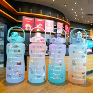 Kids Drinking Water Jug Sports Motivational 2 liter Water Bottle With Sticker Time Marker Straw.